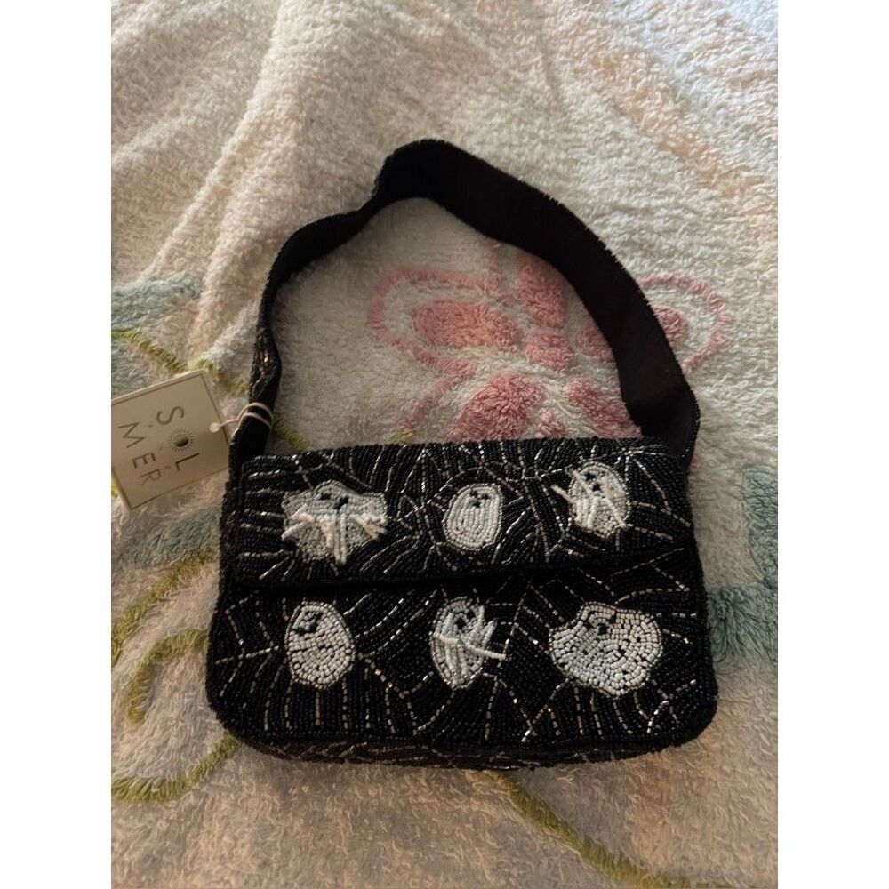 NWT Sol and Mer Halloween Ghost Beaded Shoulder Bag Black White VIRAL